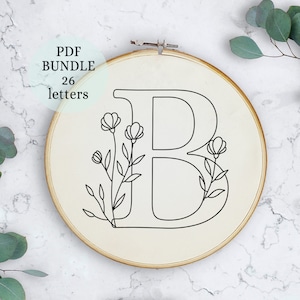 Letras bordadas de flores silvestres, padrão completo de bordado de alfabeto, bordado de letras, inicial de monograma floral, download digital instantâneo