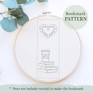 Book and coffee embroidery, Bookmark embroidery design, fall embroidery, hand embroidery pattern, bookish embroidery pattern, DIY Bookmark