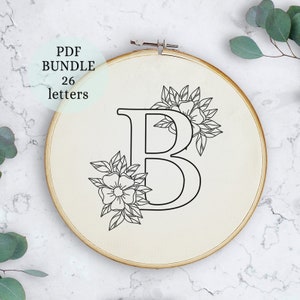 Bordado completo do alfabeto, padrão em pdf, desenho de bordado de letras com flores, monograma floral inicial, download digital instantâneo, decoração de bastidor