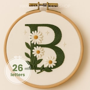 Alfabeto floral bordado a mano, patrón PDF, 26 letras de margaritas, aro de 6 pulgadas, diseño de monograma botánico de la A a la Z, decoración personalizada, iniciales