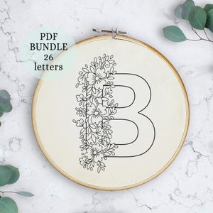 Padrão de bordado de alfabeto floral, 6 polegadas, download digital instantâneo, desenho de bordado de letras com flores, monograma floral, flores silvestres