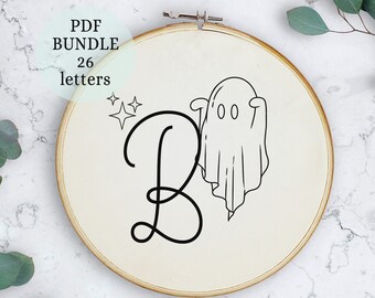 A-Z Ghost Alphabet Embroidery Pattern, INSTANT DOWNLOAD pdf, Ghost letters,Instant Digital Download, Letter Embroidery, ghost, bat design