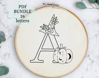 Pumpkin Alphabet Embroidery Pattern, Instant Digital Download, Letter Embroidery, Halloween Monogram, witch hat embroidery, halloween decor