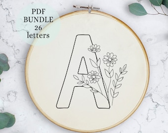 Floral Letter Embroidery Pattern, Initial DIY Hoop Art, needlepoint (PDF Pattern)