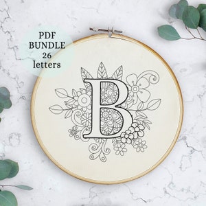 Padrão de bordado de alfabeto floral, 6 polegadas, download digital instantâneo, desenho de bordado de letras com flores, monograma floral, flores silvestres