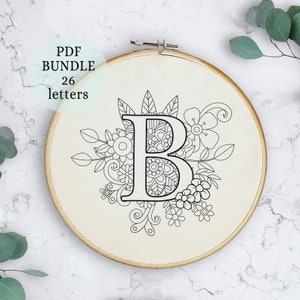 Floral Alphabet Embroidery Pattern, 6 inch, Instant Digital Download, Letter Embroidery Design with Flowers, Floral Monogram, wildflowers