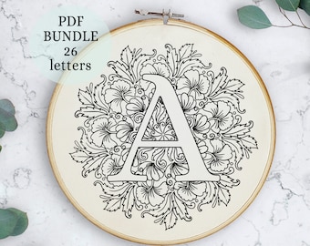 Floral Alphabet Embroidery Pattern, Initial Monogram, easy craft (PDF Download)