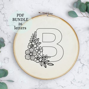 Bordado completo do alfabeto, padrão em pdf, desenho de bordado de letras com flores, monograma floral inicial, download digital instantâneo, decoração de bastidor