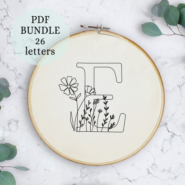 Complete Alphabet letters, Embroidery Bundle, Alphabet Collection, PDF Embroidery Pattern, Beginner Pattern, wildflowers design, pdf pattern