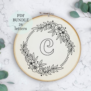 Padrão de bordado de alfabeto floral, 6 polegadas, download digital instantâneo, desenho de bordado de letras com flores, monograma floral, letra moderna