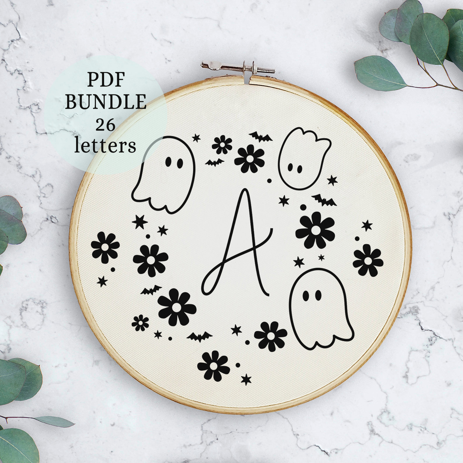 Halloween Alphabet Embroidery, Ghosts in the Garden Embroidery, Halloween Craft, Cute Spooky ALPHABET, Floral Kawaii Ghost Gift, Pdf pattern