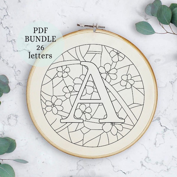 Cherry Blossom Alphabet, Stained glass alphabet, embroidery pattern, letters embroidery, baby shower gift, nursery decor, personalized gift
