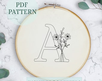 Floral Alphabet Embroidery Pattern, 6 inch, Instant Digital Download, Letter Embroidery Design with Flowers, Floral Monogram, wildflowers