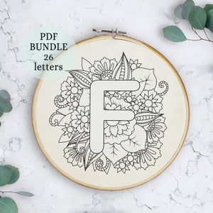 Padrão de PDF de bordado de alfabeto floral, download digital instantâneo, monograma floral, modelos de bordado, letras de flores, bordado moderno