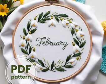 Patrón de bordado de campanillas de invierno de abril: Arte de aro con flores de primavera (Plantilla PDF)