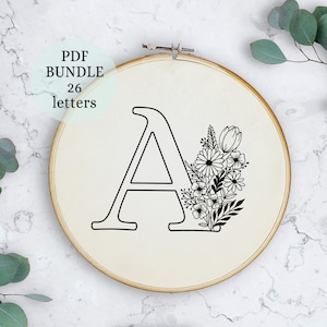 Complete alphabet embroidery, pdf pattern letter embroidery design with flowers, floral monogram initial instant digital download hoop decor