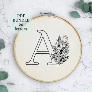 Complete alphabet embroidery, pdf pattern letter embroidery design with flowers, floral monogram initial instant digital download hoop decor