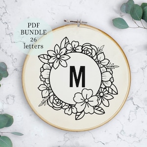 Buchstabe Embroidery Design mit Blumen, komplettes Alphabet, Florales Alphabet Embroidery PDF Muster, sofortiger digitaler Download, Florales Monogramm