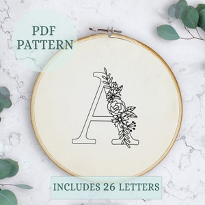 Complete alphabet embroidery, pdf pattern letter embroidery design with flowers, floral monogram initial instant digital download hoop decor