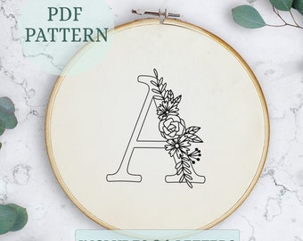 Complete alphabet embroidery, pdf pattern letter embroidery design with flowers, floral monogram initial instant digital download hoop decor