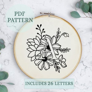 Patrón PDF de bordado de letras florales personalizado, regalo personalizado, diseño inicial de bordado a mano, alfabeto floral, punto de cruz monograma