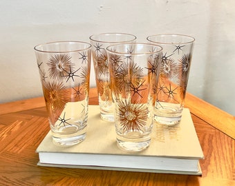 1950s Federal Glass Atomic Starburst Glasses, High Ball Glasses, Tumblers, Mid-century, Vintage