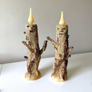 Tree Trunk Faces Folk Art Pottery Candle Holders: A Pair
