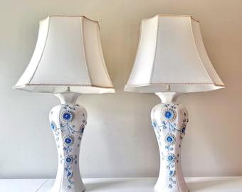 Pair of 1950s French Porcelain Chrysanthemum Relief Table Lamps with Shades – Rewired, Restored