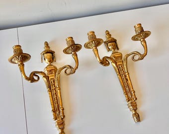Pair Cast Brass Tassel Ornate Vintage Candlestick Holder Wall Sconces, Louis XIV Claude Galle Style