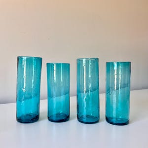 Turquoise Blue Recycled Glass Tall Tumblers, Vintage Modernist Style Bar Glasses
