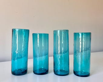 Turquoise Blue Recycled Glass Tall Tumblers, Vintage Modernist Style Bar Glasses