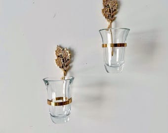 Vintage Regency Brass Floral Candle Wall Sconces with Crystal Holders