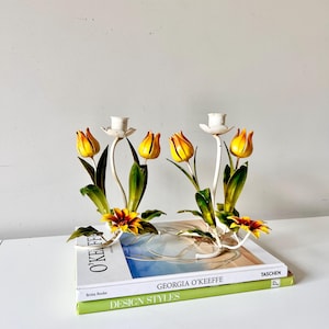Italian Tole Yellow Tulip Metal Botanical Candlesrick Holders, Vintage