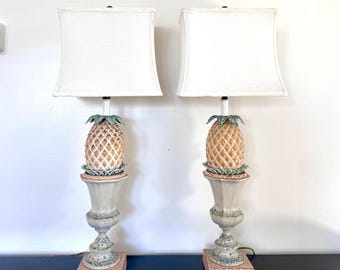 Vintage Pineapple Motif Distressed Tole Table Lamps: A Pair