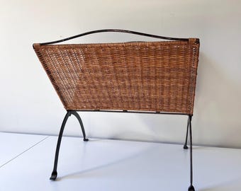 Vintage 1970s Paul Mayen Style Rattan and Wrought Iron Magazine Rack, Mid-Century Modern