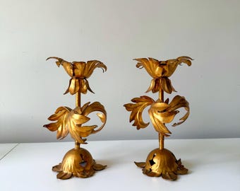 Vintage Italian Gilt Gold Metal Rose Floral Leaf Candlestick Holders, Louis XVI Claude Galle Style
