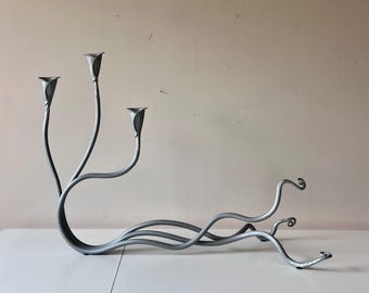 Vintage Wrought Iron Anemone Vined Large Candlestick Holder, Candelabra