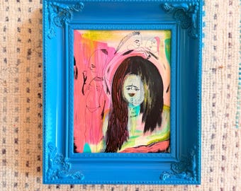 Vintage originele mixed media mythische alien ingelijste abstracte portretschilderij