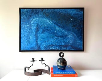 Origineel blauw figuratief naakt olieverfschilderij uit de jaren 70