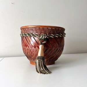 Vintage Herringbone Basket Planter with Tassel