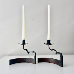 Vintage Squiggle Wrought Iron Serpentine Candlestick Holders, A Pair