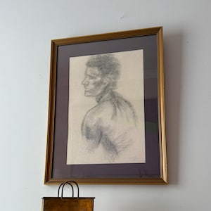 Vintage 1970s Original Framed Male Portrait Charcoal Sketch Drawing