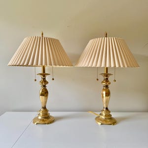 Vintage Pair Lacquered Brass Two Socket Table Lamps with Fluted Linen Shades