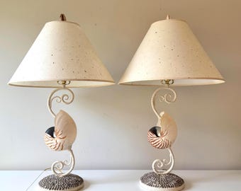 Seashell Encrusted Nautilus Shell Scroll Table Lamps: A Pair