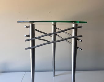Squiggle Metal and Etched Glass Triangle Accent Table, Vintage Postmodern Memphis Design