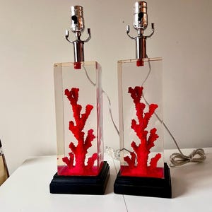 1970s Red Faux Coral in Lucite Encased Table Lamps, Vintage Mid-Century Modern