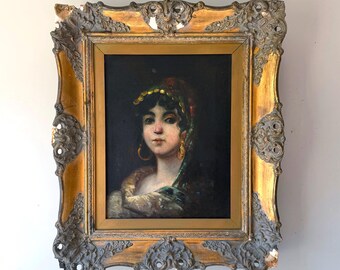 Antique Romani Girl Framed Oil Portrait