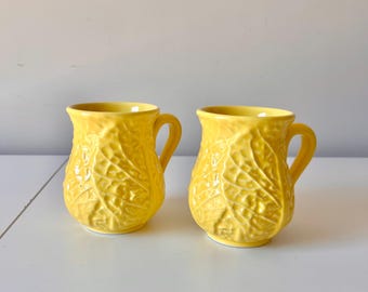 Vintage Pair of Yellow Majolica Cabbage Ware Mugs, Mid-Century Style