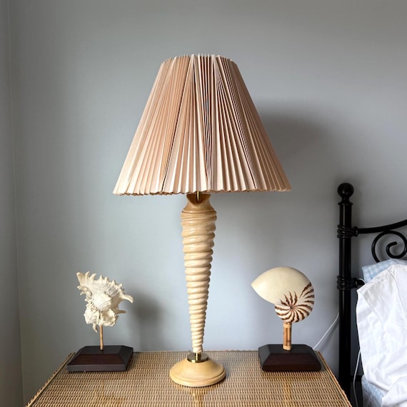 Wood Auger Shell Table Lamp: Coastal Style with Knife Pleat Shade – Rewired