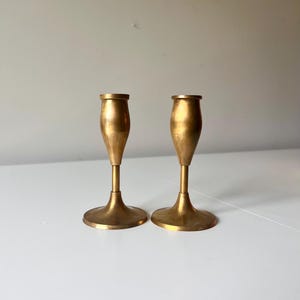 Vintage Pair of Short Atomic Brass Candlestick Holders, Mid-Century Modern
